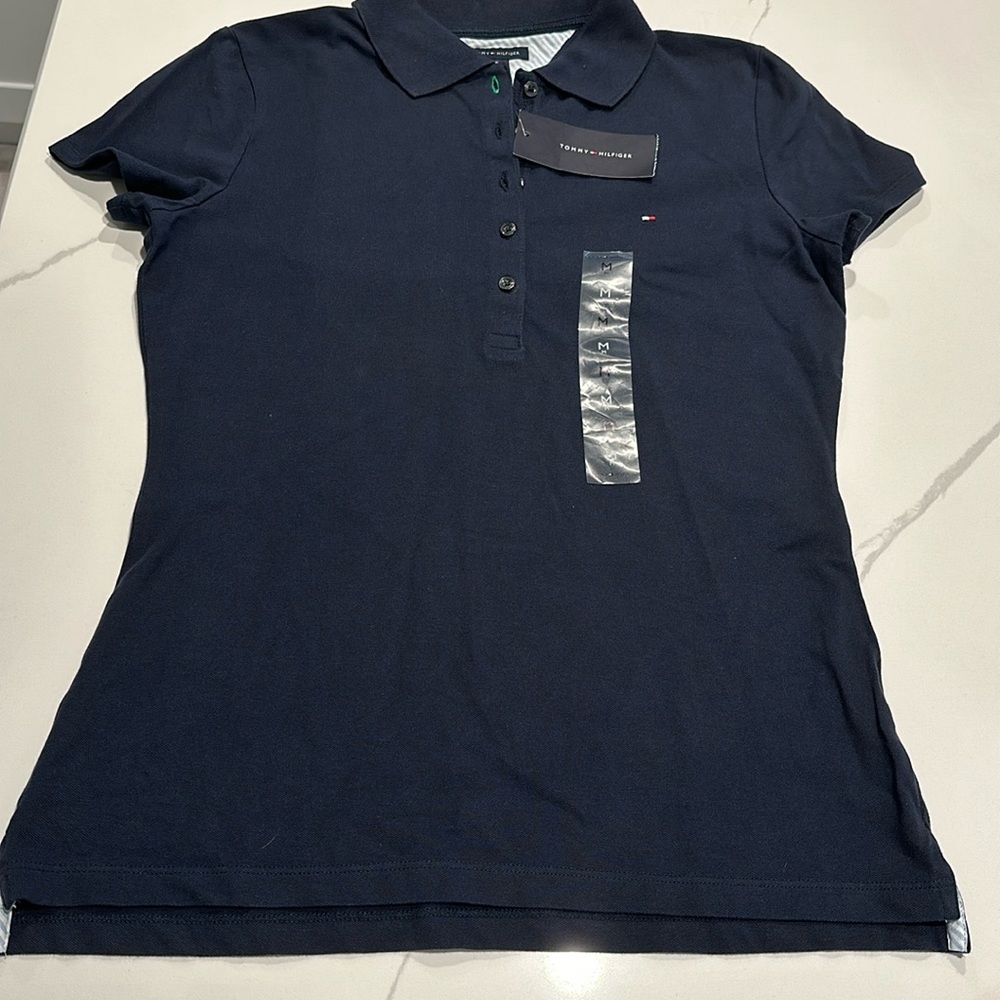 Polo Shirt NWT Navy Blue stretchy Cotton Pique, Size M Tommy Hillfiger